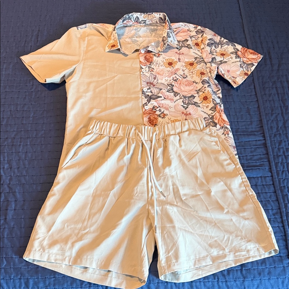SHEIN Floral Patchwork Shirt and Shorts Set - Cream and Floral